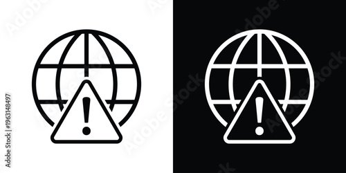 Vector icon of a globe with a prominent warning triangle and exclamation mark. Represents global alerts, internet security risks, worldwide emergencies, and system error notifications.