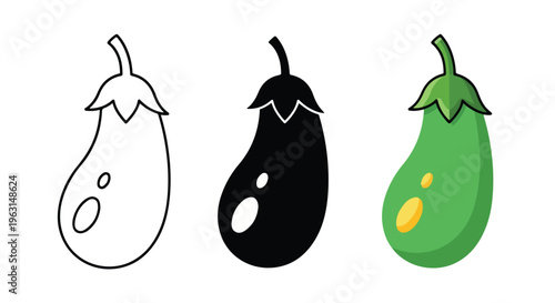 Three eggplants in different stages of coloring, from line art to green with yellow spots, on a white background.