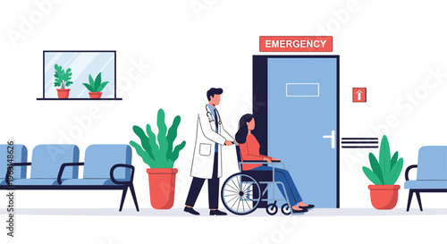 Doctor in a white coat pushes a female patient in a wheelchair through a hospital corridor toward the emergency room.