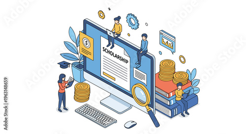 Students research scholarship opportunities on a large computer screen with books, money, and academic graduation icons.