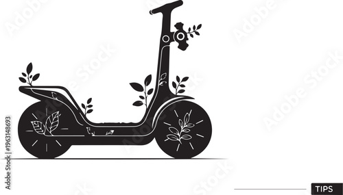 Black silhouette of electric scooter with plants growing out of it on white background