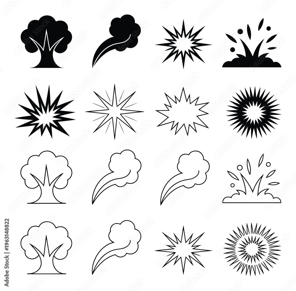 Fototapeta premium Collection of Black and White Trees, Explosions, and Smoke Puffs