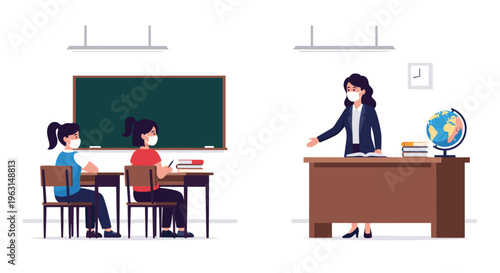 Teacher and two students wear protective face masks during a lesson in a school classroom with a blackboard and globe.
