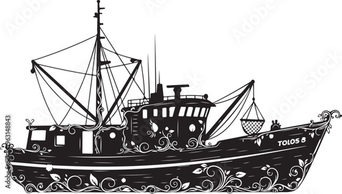 Black silhouette of fishing boat with ornate details