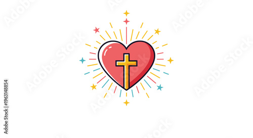 Christian symbol of a red heart containing a golden cross surrounded by glowing rays and colorful decorative stars.