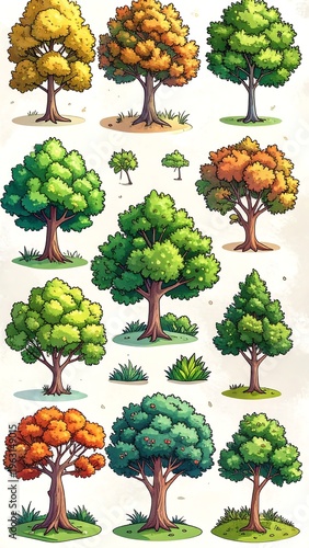 Wallpaper Mural Pixelated artwork showcases diverse cartoon trees in various seasonal colors and stages of growth, arranged in a grid Torontodigital.ca