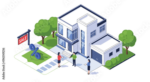 Real estate agent shows a modern house for sale to a couple while a large percentage symbol represents a discount.