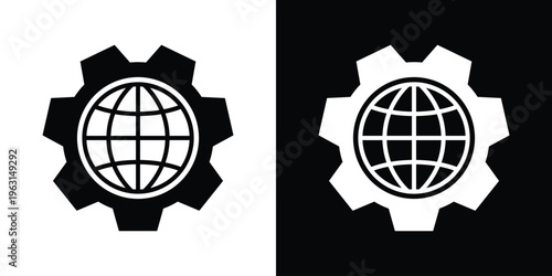 Clean globe enclosed within a gear symbol, representing global technology, system settings, and automation. Minimal black and white vector design, perfect for engineering, development, and tech-relate