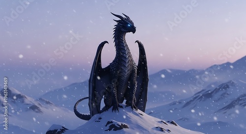 Dragon standing on snowy mountain peak.