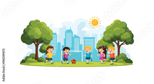 Happy diverse children playing soccer in a sunny green park with city skyscrapers and bright sun shining in the background.