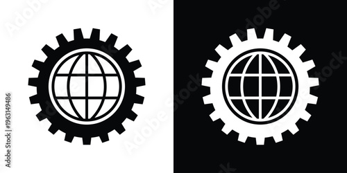 Clean globe enclosed within a gear symbol, representing global technology, system settings, and automation. Minimal black and white vector design, perfect for engineering, development, and tech-relate
