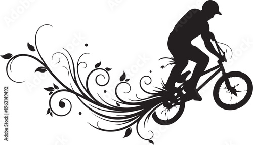 Black silhouette of man riding bicycle with floral