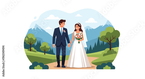Bride and groom walking hand in hand during their wedding ceremony set against a beautiful mountain landscape and evergreen trees.