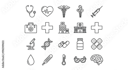 Collection of medical icons and symbols in a flat design silhouette