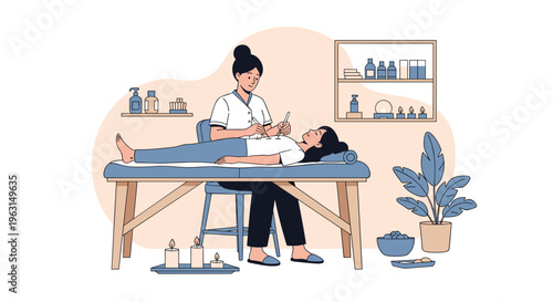 Professional female therapist performing acupuncture treatment on a female patient lying on a massage table in a spa wellness clinic.