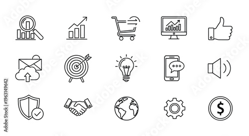 Collection of business and technology icons in a minimalist silhouette