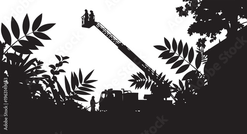 Black silhouette of people on a cherry picker surrounded by foliage