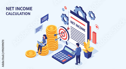 Business financial experts calculating net income using giant calculator, stacks of gold coins, and targets in an isometric office.