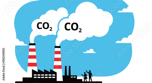 Industrial factory chimneys releasing thick white smoke clouds with co2 labels into a blue sky causing environmental pollution.