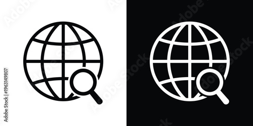 Minimal globe icon with a magnifying glass, illustrating global search, exploration, and data analysis. Simple black and white vector style, ideal for research, SEO, discovery, and online browsing the
