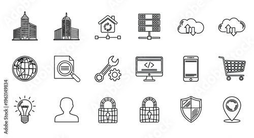 Collection of modern linear icons representing technology and business silhouette