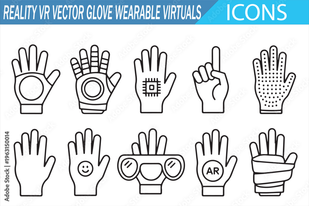Fototapeta premium Virtual reality and AR gloves icons set with gesture tracking elements