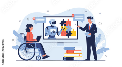 Student in a wheelchair and a teacher using an artificial intelligence robot on a computer screen to solve a puzzle together.