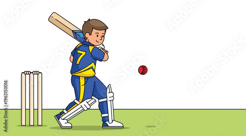 Cricket player in action hitting red ball, sports illustration with bat, stumps, protective gear, dynamic athletic moment on green field concept