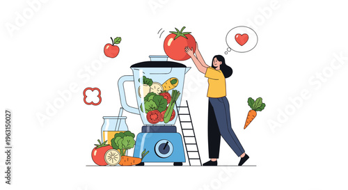 Young woman adding fresh tomatoes to a giant blender full of healthy vegetables to prepare a nutritious green juice or smoothie.