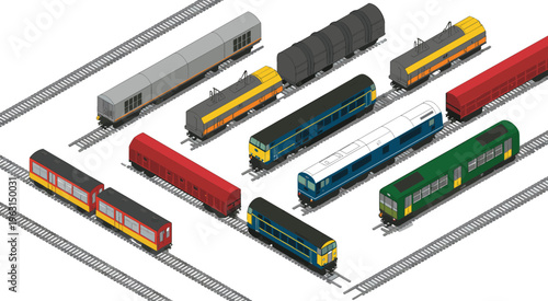 Isometric railway train collection with cargo wagons passenger carriages locomotives rail transport system logistics freight illustration modern design set