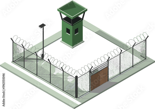 Isometric prison security perimeter with watchtower barbed wire fence surveillance system guarded correctional facility illustration design concept secure zone