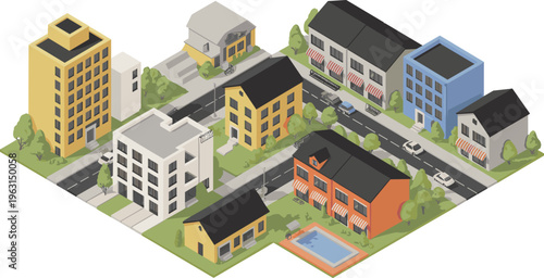 Isometric residential neighborhood with modern houses buildings streets cars urban planning suburban cityscape real estate architecture illustration design concept