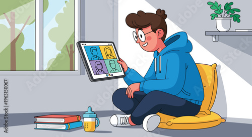 Cartoon vector illustration of person using tablet for video call at home, casual setting with books, baby bottle, window view, and modern lifestyle elements.
