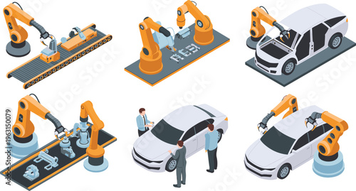 Isometric robotic arms assembling car in factory automation production line automotive manufacturing engineering technology industry concept illustration