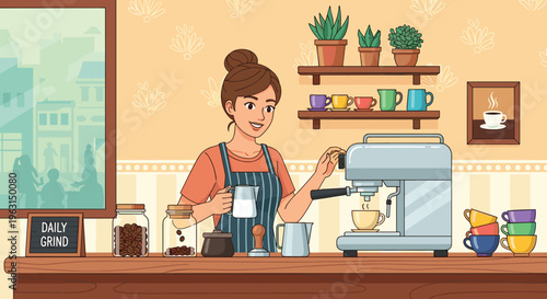 Cozy coffee shop interior with barista preparing espresso drinks, warm café atmosphere, modern lifestyle illustration highlighting teamwork, hospitality, and culinary beverage preparation concept