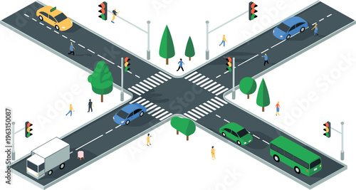 Isometric road intersection with traffic lights cars pedestrians crosswalk urban street transport safety junction city illustration modern design