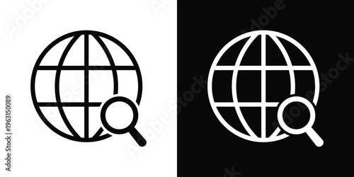 Minimal globe icon with a magnifying glass, illustrating global search, exploration, and data analysis. Simple black and white vector style, ideal for research, SEO, discovery, and online browsing the