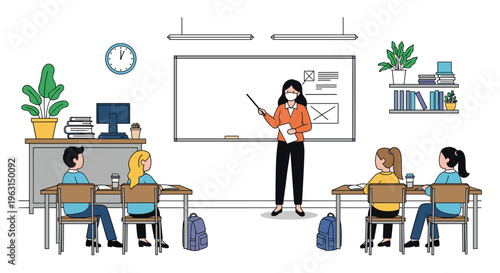 Female teacher wearing a face mask and using a pointer during a lesson for students sitting at desks in a modern bright classroom.
