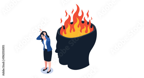 Businesswoman feeling stressed and overwhelmed with a large human head silhouette filled with burning flames behind her.