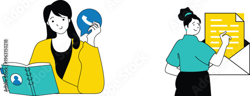 Two professionals engaged in communication and documentation tasks in a modern office setting