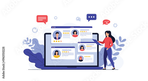 Woman using a clipboard while managing multiple customer review profiles and star ratings on a large laptop computer screen.