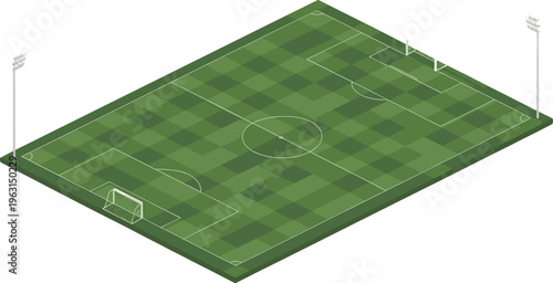 Isometric soccer field stadium pitch with goals lights green grass football arena sports ground vector illustration design