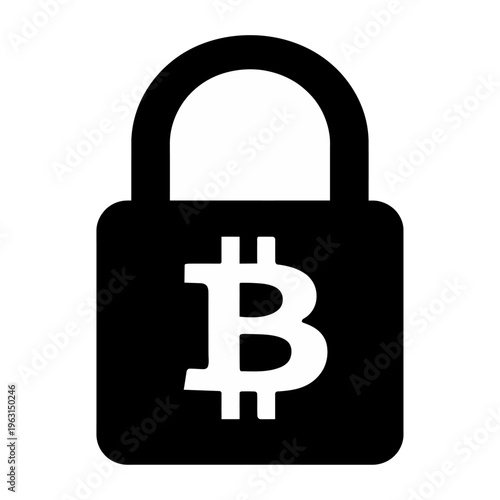 Vector padlock icon with a white bitcoin symbol inside it.