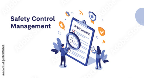 Business team conducting safety control audits using a giant clipboard, magnifying glass, and various protective equipment icons.