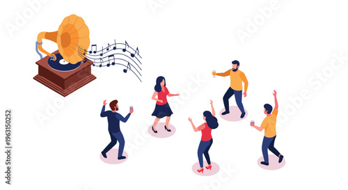 Group of young people dancing and enjoying drinks at a party with music coming from a large vintage gramophone player.