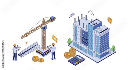 Engineers and construction workers managing a new high-rise building project with a large crane and building materials nearby.