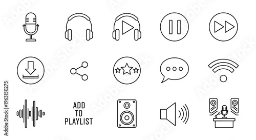 Collection of minimalist audio and media icons in linear style silhouette