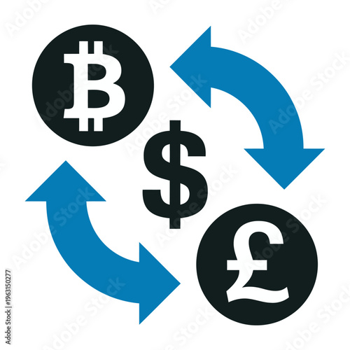 Vector showing currency exchange between bitcoin, dollar, and pound sterling