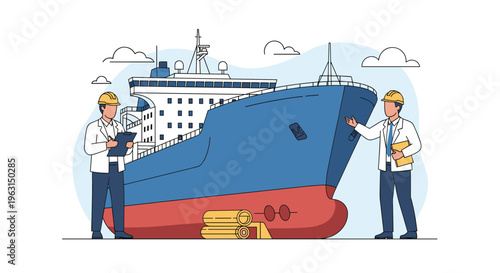 Marine engineers wearing safety gear and inspecting a large blue cargo ship at a shipyard during a routine technical maintenance.