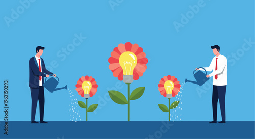 Business professionals watering large flowers with lightbulbs to represent growth of new ideas, innovation, and creativity.